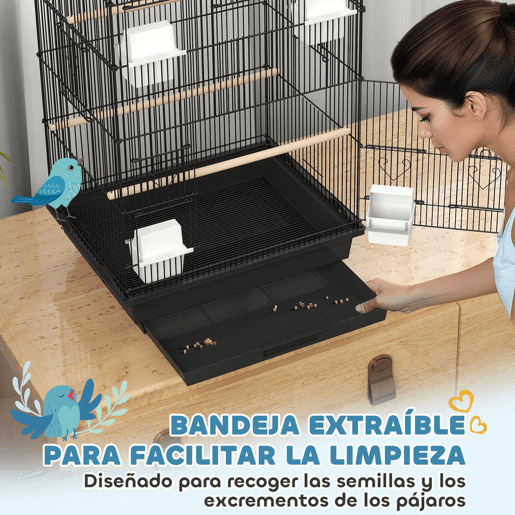 PawHut Gaiola de Metal para Pássaros com Bandeja Amovível Gaiola para Canários com 4 Comedouros 3 Poleiros e 1 Baloiço para Periquitos 50,5x41x104 cm Preto