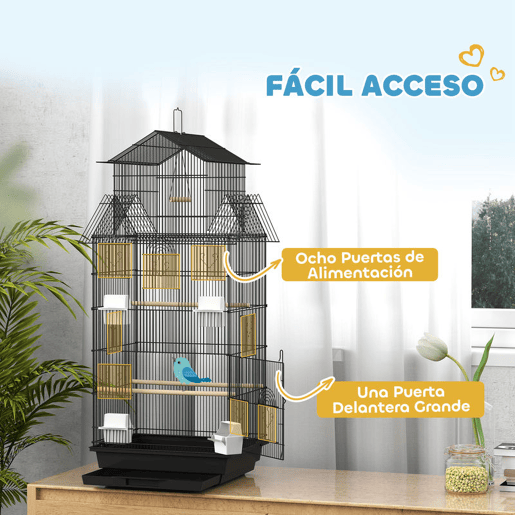 PawHut Gaiola de Metal para Pássaros com Bandeja Amovível Gaiola para Canários com 4 Comedouros 3 Poleiros e 1 Baloiço para Periquitos 50,5x41x104 cm Preto