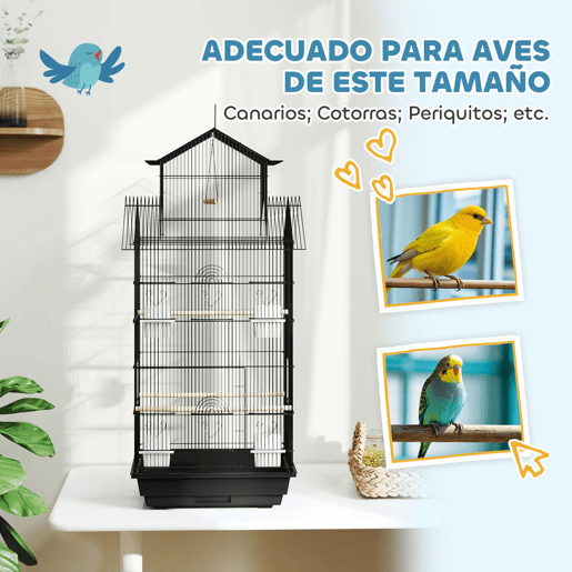 PawHut Gaiola de Metal para Pássaros com Bandeja Amovível Gaiola para Canários com 4 Comedouros 3 Poleiros e 1 Baloiço para Periquitos 50,5x41x104 cm Preto