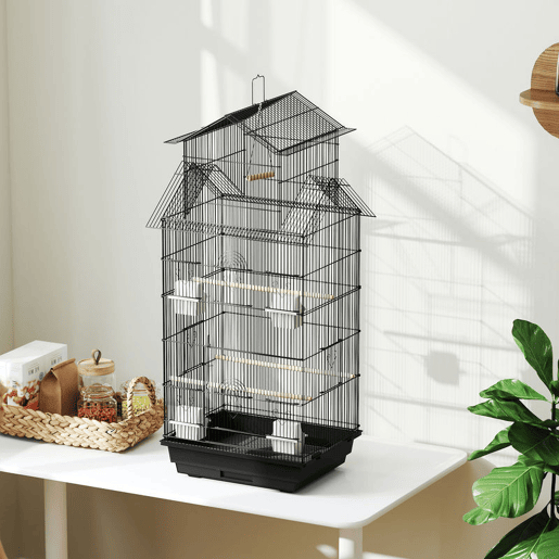 PawHut Gaiola de Metal para Pássaros com Bandeja Amovível Gaiola para Canários com 4 Comedouros 3 Poleiros e 1 Baloiço para Periquitos 50,5x41x104 cm Preto