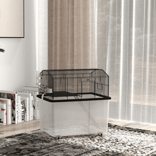 PawHut Gaiola para Hamsters Casa para Pequenos Roedores com Comedouro Bebedouro Rampa e Roda 57x43x57 cm Preto