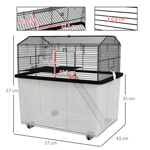PawHut Gaiola para Hamsters Casa para Pequenos Roedores com Comedouro Bebedouro Rampa e Roda 57x43x57 cm Preto
