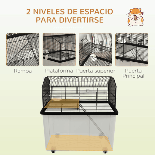 PawHut Gaiola para Hamsters Casa para Pequenos Roedores com Comedouro Bebedouro Rampa e Roda 57x43x57 cm Preto