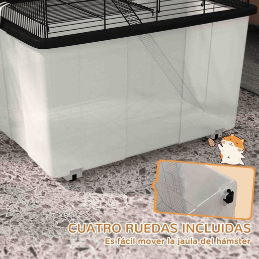 PawHut Gaiola para Hamsters Casa para Pequenos Roedores com Comedouro Bebedouro Rampa e Roda 57x43x57 cm Preto