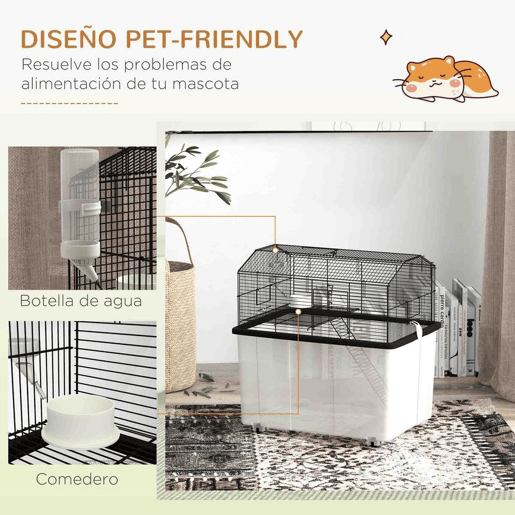 PawHut Gaiola para Hamsters Casa para Pequenos Roedores com Comedouro Bebedouro Rampa e Roda 57x43x57 cm Preto