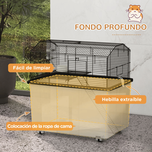 PawHut Gaiola para Hamsters Casa para Pequenos Roedores com Comedouro Bebedouro Rampa e Roda 57x43x57 cm Preto