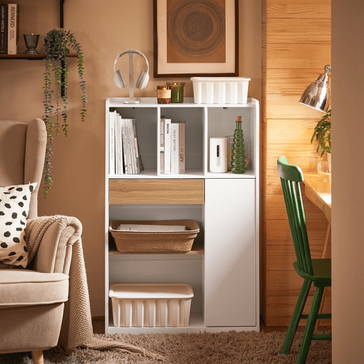 Estante de escritório, armário de arrumação, com 1 gaveta e 1 porta, branco, 72x30x110 cm STR11-WN SoBuy PT