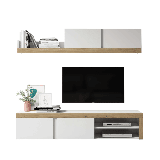 Pacote de móveis para sala de estar em branco fosco e carvalho natural com suporte para TV, mesa de centro e mesa de jantar extensível