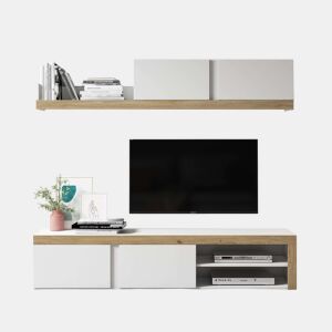 Pacote de móveis para sala de estar em branco fosco e carvalho natural com suporte para TV, mesa de centro e mesa de jantar extensível