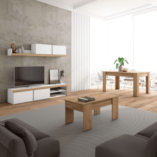 Pacote de móveis para sala de estar em branco fosco e carvalho natural com suporte para TV, mesa de centro e mesa de jantar extensível