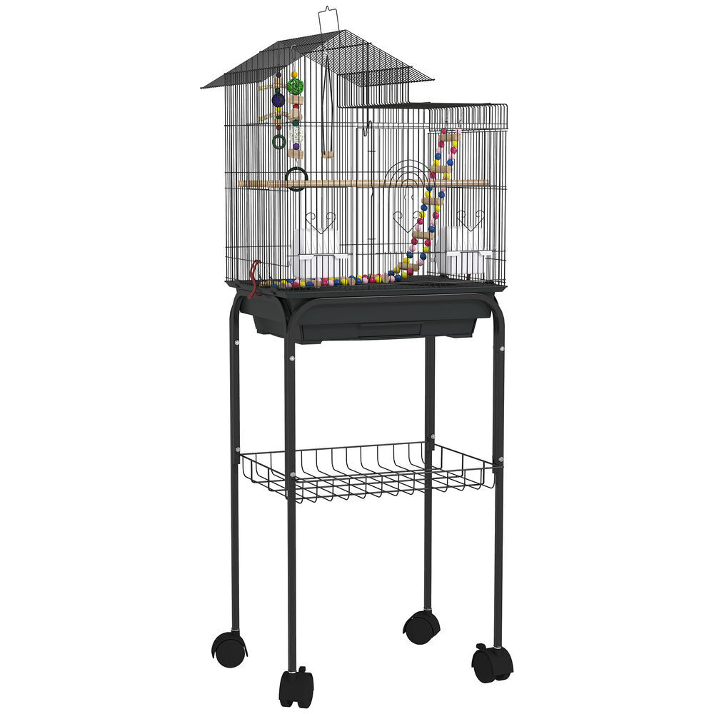 Pawhut jaula para pájaros con ruedas pajarera con cesta múltiples puertas 2 comederos 2 perchas columpio escaleras y bandeja extraíble para loros canarios periquitos 46x36x120 cm negro