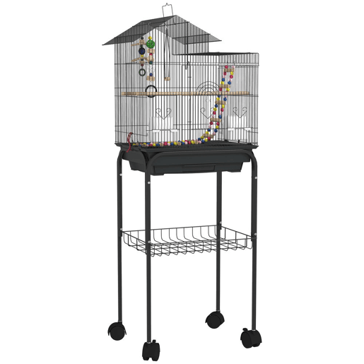 PawHut Gaiola para Passáros Gaiola de Metal com Múltiplas Portas 4 Comedouros 3 Poleiros Baloiço Escadas e Bandeja Removível para Periquitos Canários 46x36x120 cm Preto