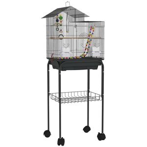 PawHut Gaiola para Passáros Gaiola de Metal com Múltiplas Portas 4 Comedouros 3 Poleiros Baloiço Escadas e Bandeja Removível para Periquitos Canários 46x36x120 cm Preto
