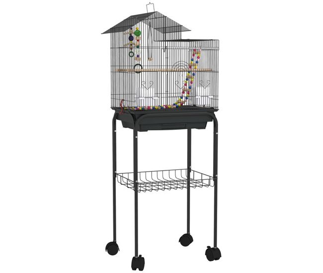 Pawhut jaula para pájaros con ruedas pajarera con cesta múltiples puertas 2 comederos 2 perchas columpio escaleras y bandeja extraíble para loros canarios periquitos 46x36x120 cm negro