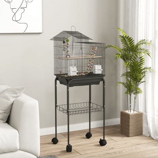 PawHut Gaiola para Passáros Gaiola de Metal com Múltiplas Portas 4 Comedouros 3 Poleiros Baloiço Escadas e Bandeja Removível para Periquitos Canários 46x36x120 cm Preto
