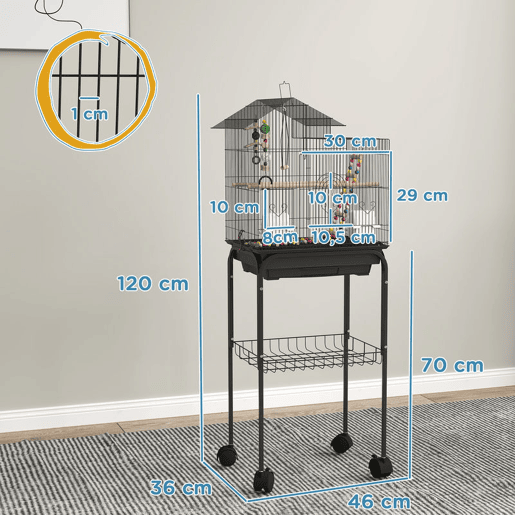 PawHut Gaiola para Passáros Gaiola de Metal com Múltiplas Portas 4 Comedouros 3 Poleiros Baloiço Escadas e Bandeja Removível para Periquitos Canários 46x36x120 cm Preto
