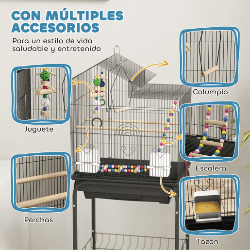 PawHut Gaiola para Passáros Gaiola de Metal com Múltiplas Portas 4 Comedouros 3 Poleiros Baloiço Escadas e Bandeja Removível para Periquitos Canários 46x36x120 cm Preto