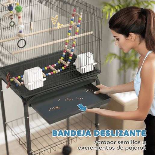 PawHut Gaiola para Passáros Gaiola de Metal com Múltiplas Portas 4 Comedouros 3 Poleiros Baloiço Escadas e Bandeja Removível para Periquitos Canários 46x36x120 cm Preto