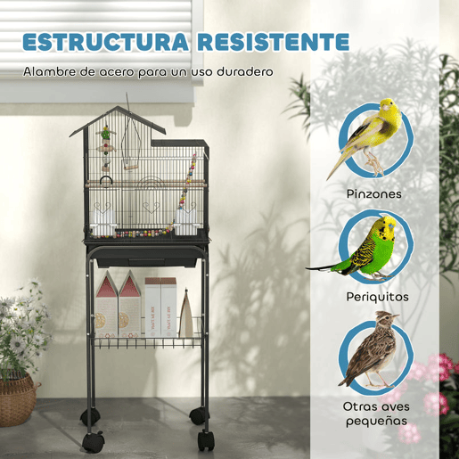 PawHut Gaiola para Passáros Gaiola de Metal com Múltiplas Portas 4 Comedouros 3 Poleiros Baloiço Escadas e Bandeja Removível para Periquitos Canários 46x36x120 cm Preto