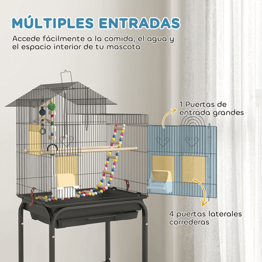 PawHut Gaiola para Passáros Gaiola de Metal com Múltiplas Portas 4 Comedouros 3 Poleiros Baloiço Escadas e Bandeja Removível para Periquitos Canários 46x36x120 cm Preto