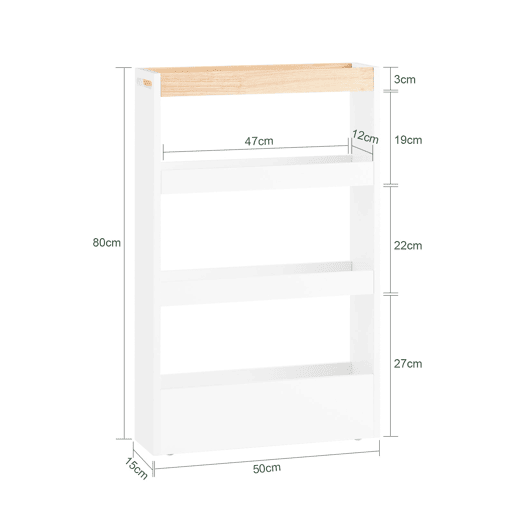 Unidade de prateleiras de madeira com rodas, carrinho de serviço de 4 níveis, 15 x 50 x 80 cm NSR12-W SoBuy PT