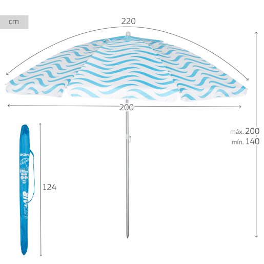 Aktive Guarda-sol de praia à prova de vento de 8 nervuras ondas de 220 cm praia
