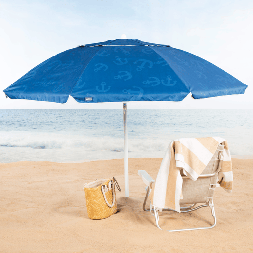 Aktive Guarda-sol de praia à prova de vento 8 varas 220 cm azul com estampado de âncora Aktive Guarda-sol de praia à prova de vento 8 varas 220 cm azul com estampado de âncora