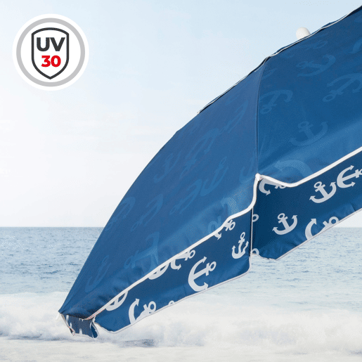 Aktive Guarda-sol de praia à prova de vento 8 varas 220 cm azul com estampado de âncora Aktive Guarda-sol de praia à prova de vento 8 varas 220 cm azul com estampado de âncora