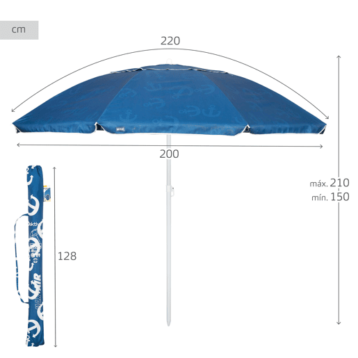 Aktive Guarda-sol de praia à prova de vento 8 varas 220 cm azul com estampado de âncora Aktive Guarda-sol de praia à prova de vento 8 varas 220 cm azul com estampado de âncora