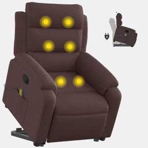 vidaXL Poltrona massagens reclinável elevatória tecido castanho-escuro