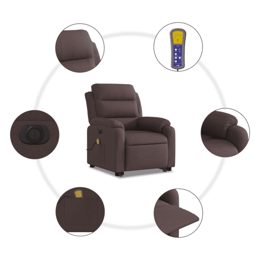 vidaXL Poltrona elétrica elevatória massagens tecido castanho-escuro vidaXL Poltrona elétrica elevatória massagens tecido castanho-escuro