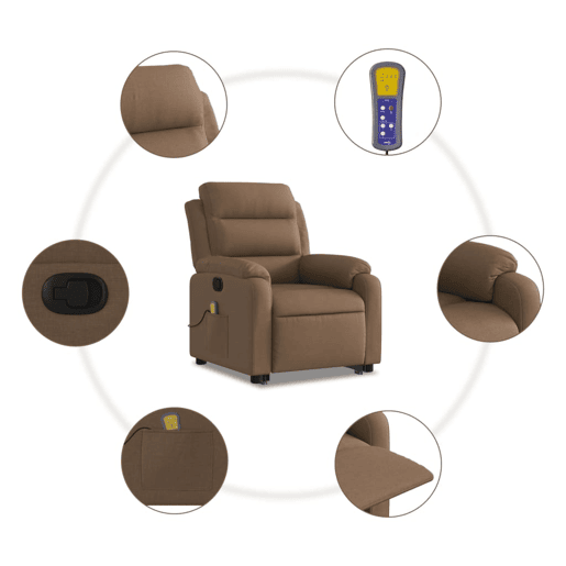 vidaXL Poltrona reclinável massagens tecido castanho
