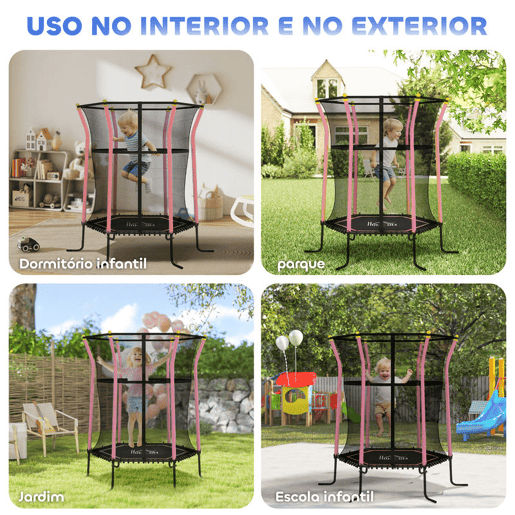 HOMCOM Trampolim para Crianças acima de 3 Anos Cama Elástica Infantil com Rede de Segurança e Estrutura de Aço para Interiores e Exteriores Carga 50kg Ø163,5x190 cm Rosa