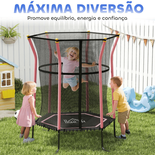 HOMCOM Trampolim para Crianças acima de 3 Anos Cama Elástica Infantil com Rede de Segurança e Estrutura de Aço para Interiores e Exteriores Carga 50kg Ø163,5x190 cm Rosa