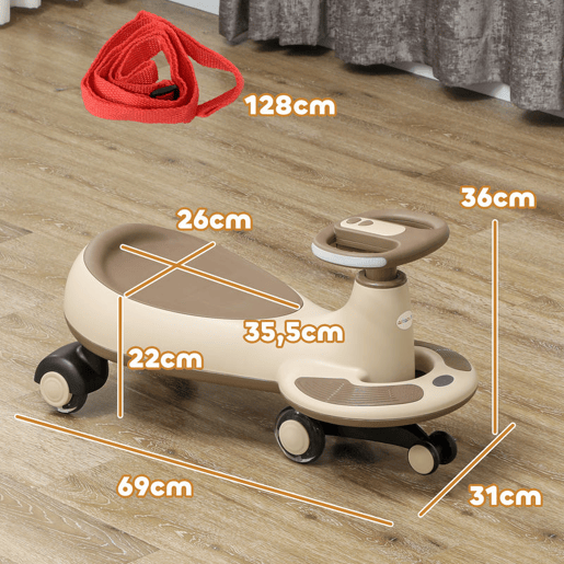 AIYAPLAY Carrinho Gira Gira para Crianças acima de 2 Anos Carrinho Wiggle com Guiador para Pais Música Luz e Espaço de Arrumação 69x31x69 cm Cáqui