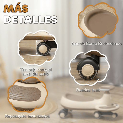 AIYAPLAY Carrinho Gira Gira para Crianças acima de 2 Anos Carrinho Wiggle com Guiador para Pais Música Luz e Espaço de Arrumação 69x31x69 cm Cáqui