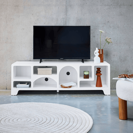 Móveis de TV orgânico com efeito de madeira branca, 160cm, Thessa, Branco, 160x40x50 cm