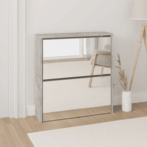 vidaXL Sapateira c espelho 2 divisórias 63x17x67 cm cinza cimento