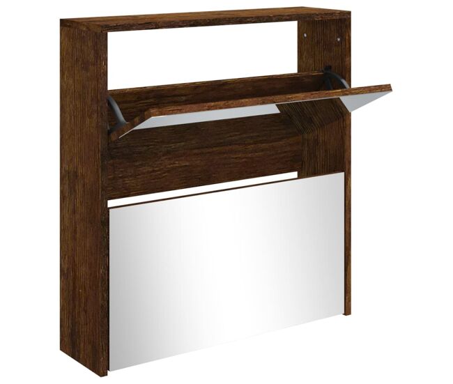 Vidaxl mueble zapatero con espejo 2 niveles roble ahumado 63x17x67 cm