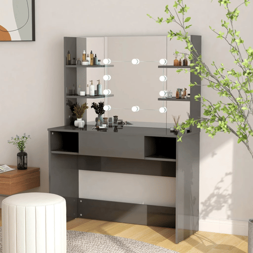 vidaXL Mesa de maquilhagem c LEDs 100x40x135 cm MDF cinza brilhante