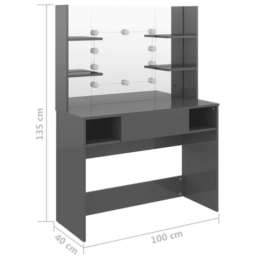 vidaXL Mesa de maquilhagem c LEDs 100x40x135 cm MDF cinza brilhante