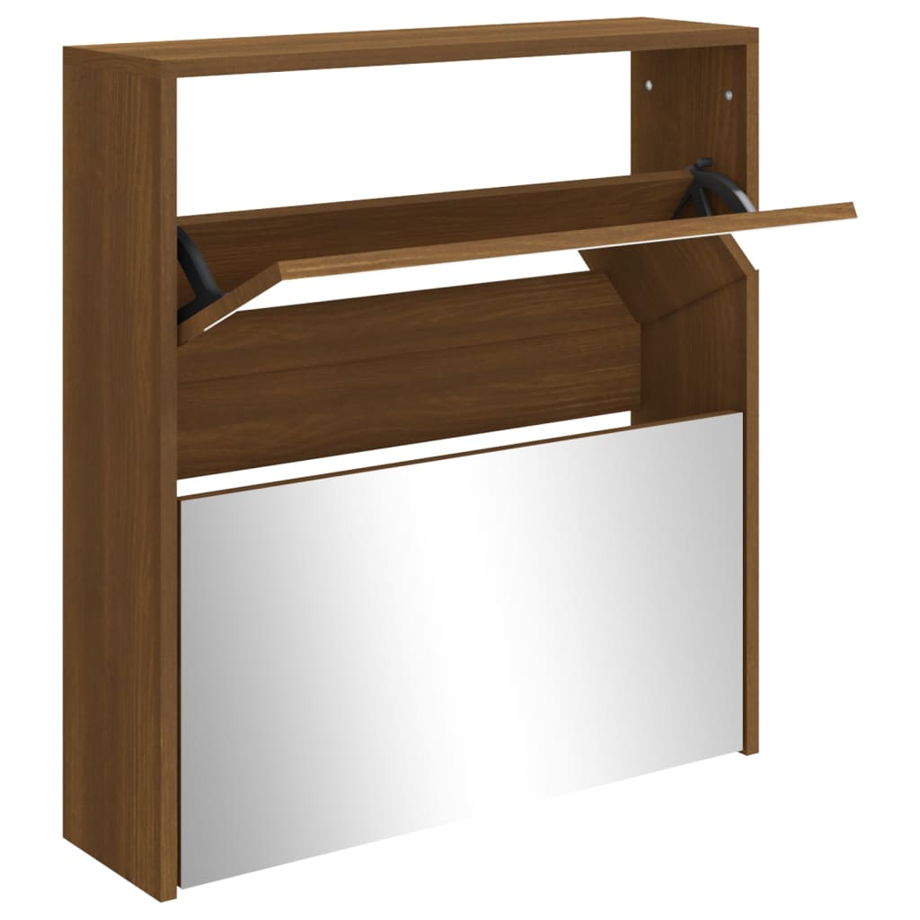 Vidaxl mueble zapatero con espejo 2 niveles roble marrón 63x17x67 cm