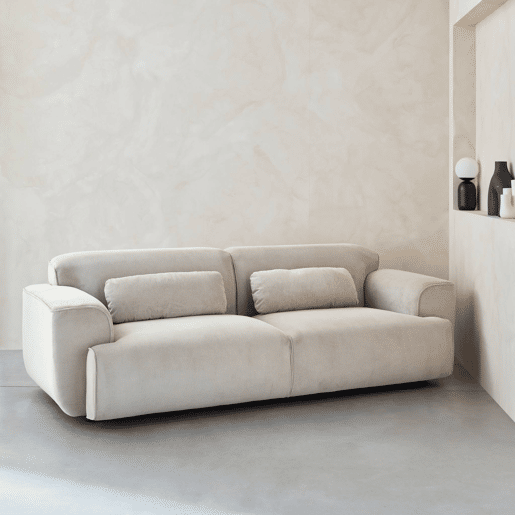Sofá de 3 lugares, tecido de bombazina branco creme, 2 almofadas amovíveis, Wallas L 230 x P 98 x A 73cm