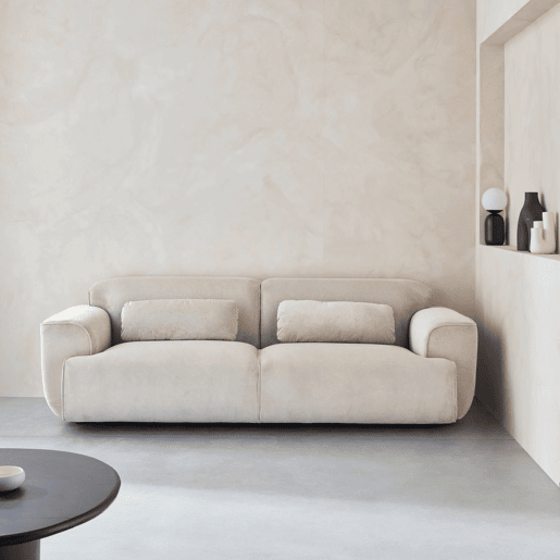 Sofá de 3 lugares, tecido de bombazina branco creme, 2 almofadas amovíveis, Wallas L 230 x P 98 x A 73cm