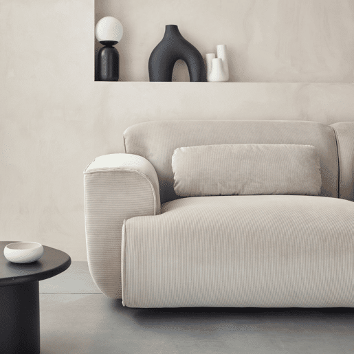 Sofá de 3 lugares, tecido de bombazina branco creme, 2 almofadas amovíveis, Wallas L 230 x P 98 x A 73cm