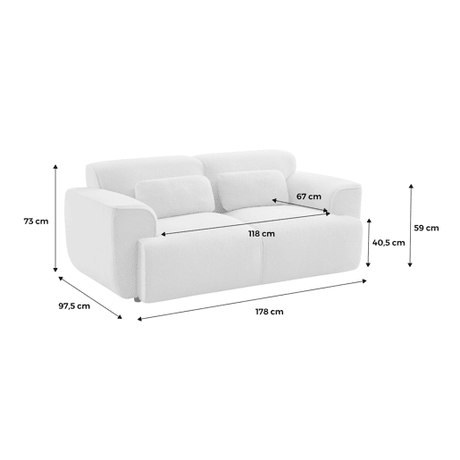 Sofá de 2 lugares em tecido bouclette, Wallas boucle, Boucle branco, 178x97.5x73 cm
