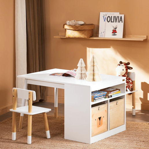 Mesa infantil com 2 cadeiras Mesa infantil com 1 compartimento e 2 caixas de arrumação Branco KMB113-W SoBuy PT