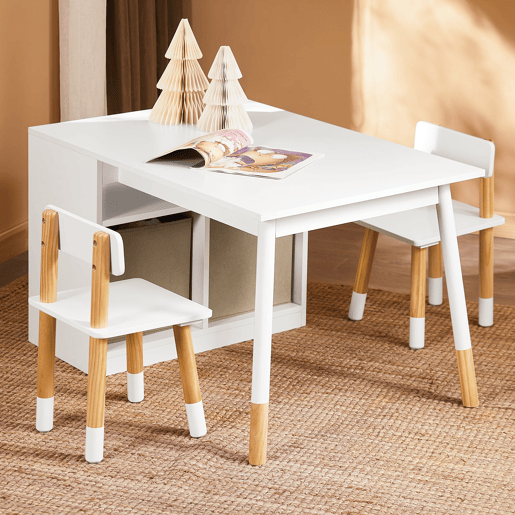 Mesa infantil com 2 cadeiras Mesa infantil com 1 compartimento e 2 caixas de arrumação Branco KMB113-W SoBuy PT