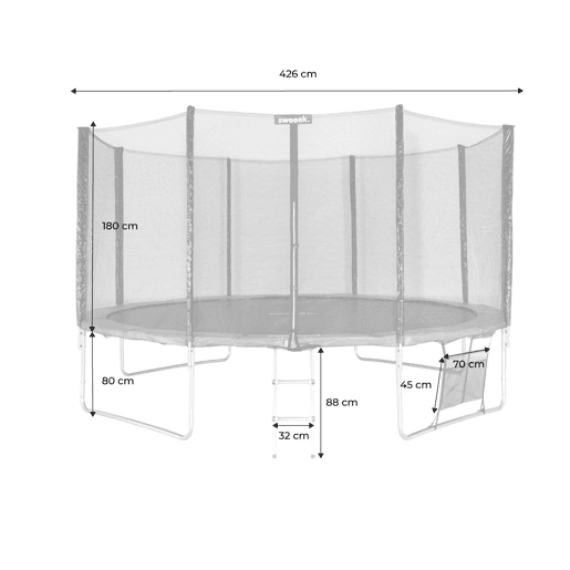 Trampolim com pacote de acessórios de 430cm, Venus XXL, Cinza, 430x430x260 cm