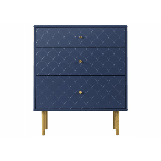 Cómoda alta com 3 gavetas azul marinho, padrão escama, pés dourados A89L75P40 cm